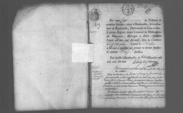 SAINT-MAURICE-MONTCOURONNE. Naissances, mariages, décès : registre d'état civil (1819-1839). 