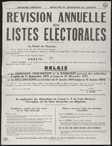 Essonne [Département]. - Arrêté préfectoral portant sur la révision annuelle des listes électorales (1971). 