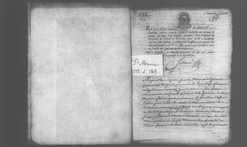 SAINT-MAURICE-MONTCOURONNE. Naissances, mariages, décès : registre d'état civil (1793-an XIII). [mariages (an VII et les six premiers mois de l'an VIII), voir 4E917-918. N.M.D. (an XII), voir début 4E2594. Nota bene : publications de mariages (an IV)]. 