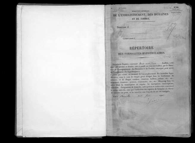 Conservation des hypothèques de CORBEIL. - Répertoire des formalités hypothécaires, volume n° 357 : A-Z (registre ouvert en 1906). 