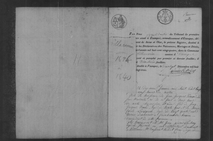 VILLECONIN. Naissances, mariages, décès : registre d'état civil (1824-1840). 