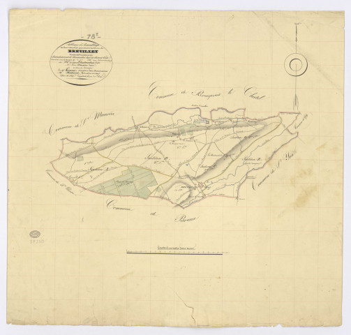 BREUILLET. - Plan d'assemblage, ech. 1/10000, coul., aquarelle, papier, 67x70 (1825). 