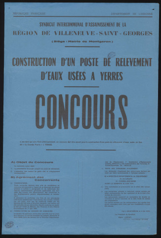 YERRES. - Avis de concours pour la construction d'un poste de relèvement d'eaux usées au lieu-dit la Grande Prairie, 4 juin 1970. 