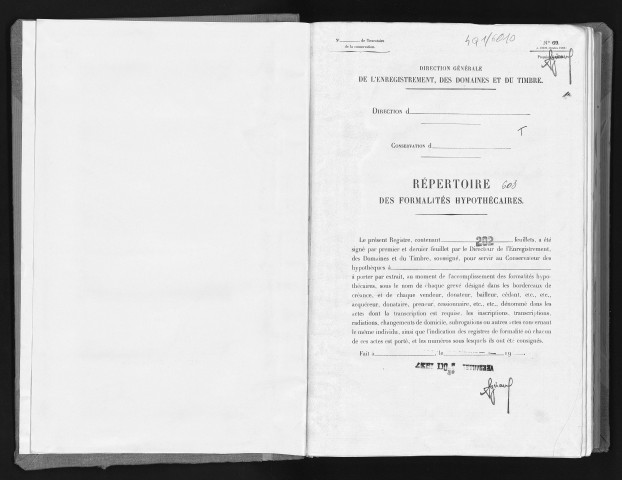 Conservation des hypothèques de CORBEIL. - Répertoire des formalités hypothécaires, volume n° 603 : A-Z (registre ouvert en 1937). 