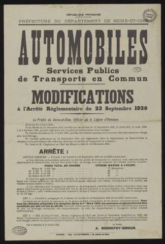 Seine-et-Oise [Département]. - Arrêté préfectoral modifiant l'arrêté réglementaire du 23 septembre 1930 sur les véhicules automobiles assurant un service public de transports en commun, 10 janvier 1933. 
