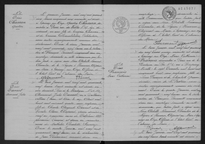 EPINAY-SUR-ORGE.- Décès : registre d'état civil. 