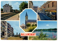 BALLANCOURT-SUR-ESSONNE.- Gare, centre ville commerçant, étang, immeubles et église saint-Martin [1972-1985].