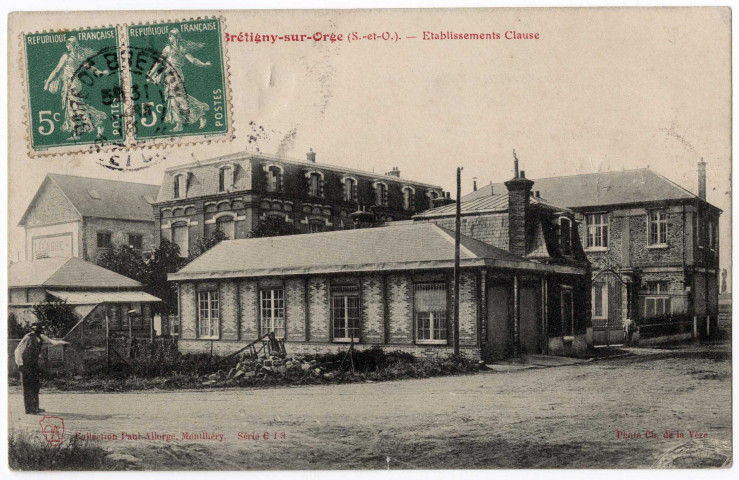 BRETIGNY-SUR-ORGE. - Etablissements Clause. Editeur Seine-et-Oise Artistique et Pittorresque, Collection Paul Allorge, 1915, 2 timbres à 5 centimes. 