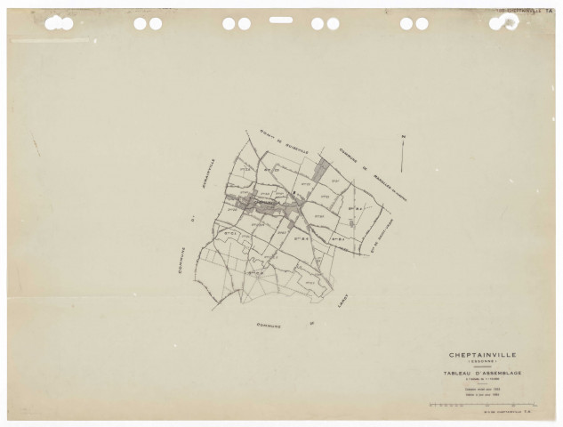 CHEPTAINVILLE, plans minutes de conservation : tableau d'assemblage,1932, Ech. 1/10000 ; plans des sections A4, A5, B1, B2, B3, B4, B5, C1, C2, C3, 1932, Ech. 1/1250, section C4, 1932, Ech. 1/2500, sections ZA, ZB, ZC, ZD, ZE, ZH, ZI, ZK, ZL, ZM, 1955, Ech. 1/1250, sections AA, AB, AC, AD, 2004, Ech. 1/1000. Polyester. N et B. Dim. 105 x 80 cm [26 plans]. 