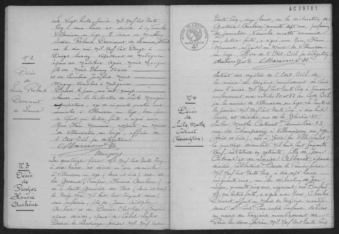 VILLEMOISSON-SUR-ORGE. - Décès : registre d'état civil.