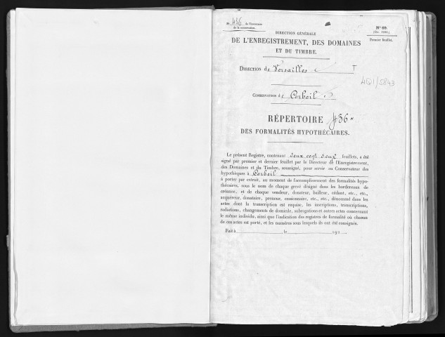 Conservation des hypothèques de CORBEIL. - Répertoire des formalités hypothécaires, volume n° 436 : A-Z (registre ouvert vers 1920). 