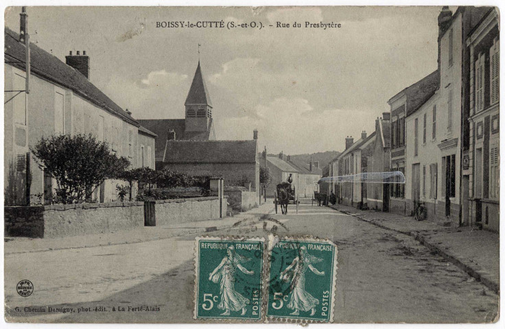BOISSY-LE-CUTTE. - Rue du Presbytère, Chemin-Demigny, 1911, 3 lignes, 10 c, ad. 