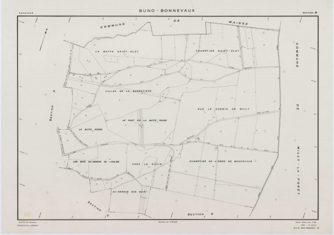 BUNO-BONNEVAUX, plans minutes de conservation : tableau d'assemblage,1953, Ech. 1/10000 ; plans des sections B, C, D, F, G, H, I, K, L, M, O, P, R, S, 1953, Ech. 1/2000, sections A, E, N, 1953, Ech. 1/1000, section ZA, 1997, Ech. 1/2000. Polyester. N et B. Dim. 105 x 80 cm [19 plans]. 