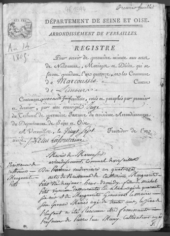 MARCOUSSIS. Naissances, mariages, décès : registre d'état civil (an XIV-1809). 