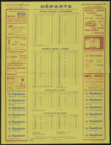 Le Républicain [quotidien régional d'information]. - Départs des trains de la gare de Corbeil-Essonnes, à partir du 27 septembre 1981 [service d'hiver] (1981). 