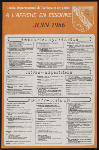 EVRY.- A l'affiche en Essonne : programme culturel, Comité départemental du tourisme et des loisirs, juin 1986. 