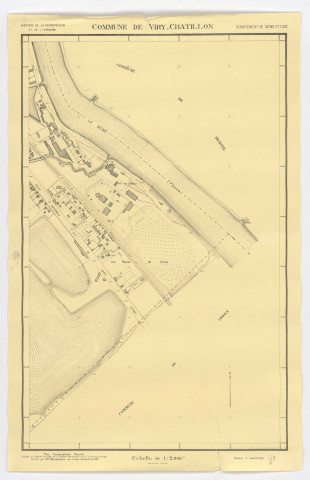 Plan topographique régulier de VIRY-CHATILLON dressé et dessiné en 1948 par L. POUSSIN, géomètre, vérifié par M. DUVOUCOUX, feuille 3, Ministère de la Reconstruction et de l'Urbanisme, 1949. Ech. 1/2.000. N et B. Dim. 0,91 x 0,58. [mauvais état]. 