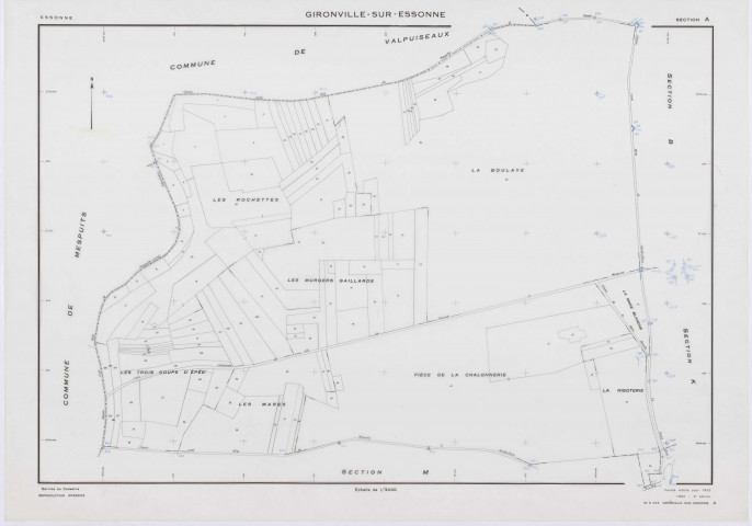 GIRONVILLE-SUR-ESSONNE, plans minutes de conservation : tableau d'assemblage, 1953, Ech. 1/10000 ; plans des sections A, B, C, D, E, G, I, J, K, L, M, 1953, Ech. 1/2000, sections F, H, 1953, Ech. 1/1000. Polyester. N et B. Dim. 105 x 80 cm [14 plans]. 