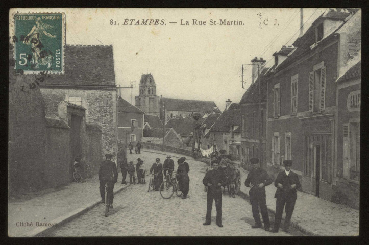 ETAMPES. - La rue Saint-Martin. Editeur, cliché Rameau, Etampes, 1912, 1 timbre à 5 centimes. 