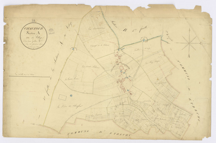 CHAUFFOUR-LES-ETRECHY. - Section A - Village (le), 2, ech. 1/2500, coul., aquarelle, papier, 70x103 (1824). 