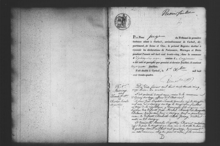 EPINAY-SUR-ORGE. Naissances, mariages, décès : registre d'état civil (1835-1843). 