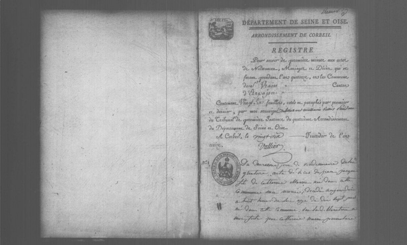 SAINT-VRAIN. Naissances, mariages, décès : registre d'état civil (an XIV-1814). 
