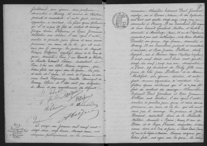 BRUNOY.- Mariages : registre d'état civil (1922). 