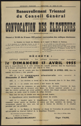Seine-et-Oise [Département]. - Renouvellement triennal du Conseil Général. Convocation des électeurs, 19 mars 1955. 