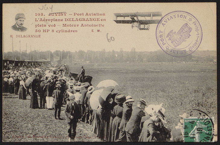 VIRY-CHATILLON.- Port-Aviation. L'aéroplane Delagrange en plein vol (11 avril 1910).