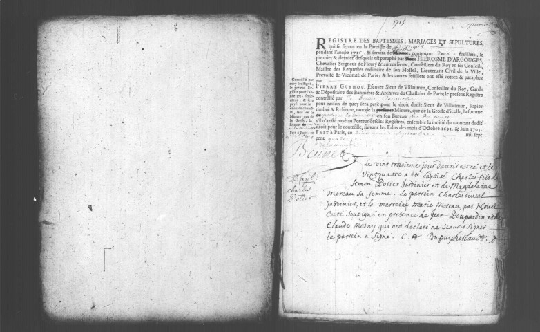 ORANGIS (RIS-ORANGIS). Paroisse Saint-Germain : Baptêmes, mariages, sépultures : registre paroissial (1693-1715, 1737-1746). [Lacunes : B.M.S. (1698)]. 