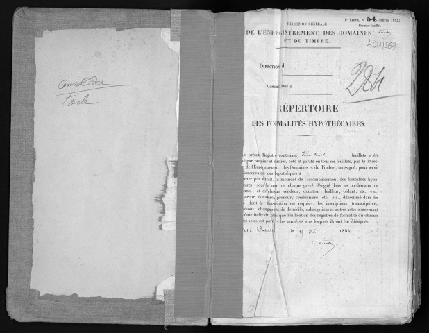 Conservation des hypothèques de CORBEIL. - Répertoire des formalités hypothécaires, volume n° 284 : A-Z (registre ouvert en 1884). 