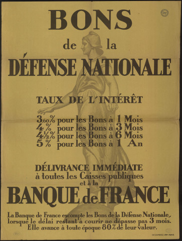 FRANCE (Pays).- Délivrance immédiate à toutes les Caisses publiques et à la Banque de France de bons de la Défense Nationale, [1920]. 