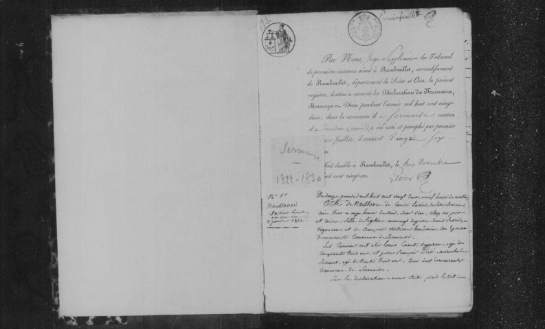 SERMAISE. Naissances, mariages, décès : registre d'état civil (1822-1830). 