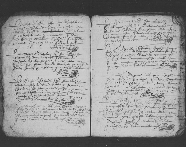 AVRAINVILLE, paroisse Notre-Dame. - Registres paroissiaux : baptêmes, mariages, sépultures [1630-1639, avril 1639-1675, 1676-1692, mars 1692-1718, août 1718-1746], actes de catholicité [1794-1807, 1810] [documents originaux conservés aux Archives municipales d'Avrainville]. 