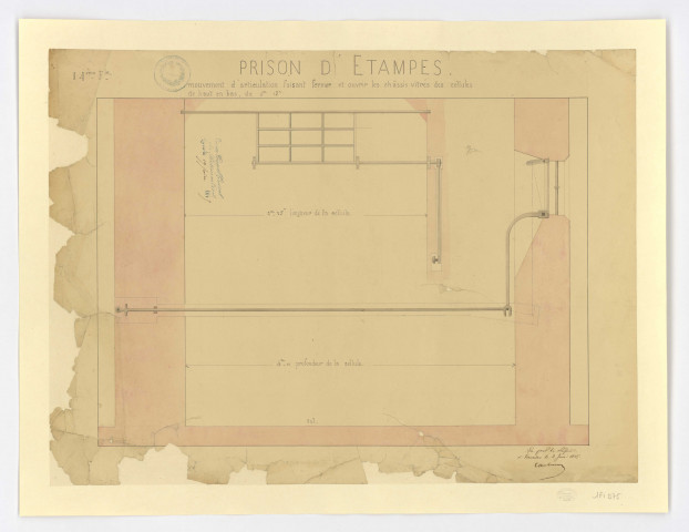 Plan de la prison d'ETAMPES : mouvement d'articulation faisant fermer et ouvrir les châssis vitrés des cellules de haut en bas, feuille 14, 1845. Sans éch. Coul. Dim. 0,44 x 0,59. 