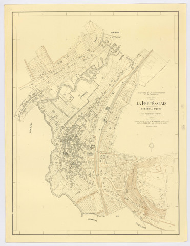 Plan topographique régulier de LA FERTE-ALAIS dressé et dessiné par M. JOUANDON, géomètre-expert, vérifié par le Service du Cadastre, Ministère de la Reconstruction et de l'Urbanisme, 1954. Ech. 1/2.000. N et B. Dim. 1,00 x 0,76. 