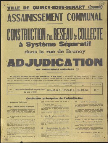 QUINCY-SOUS-SENART. - Adjudication sur soumissions cachetées pour la construction d'un réseau de collecte à système séparatif dans la rue de Brunoy, 22 novembre 1968. 