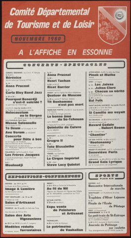 EVRY.- A l'affiche en Essonne : programme culturel, Comité départemental de Tourisme et de Loisir, novembre 1980. 