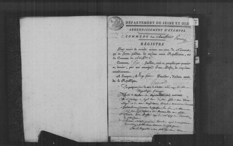 CHAUFFOUR-LES-ETRECHY. Naissances, mariages, décès : registre d'état civil (an XI-1830). 