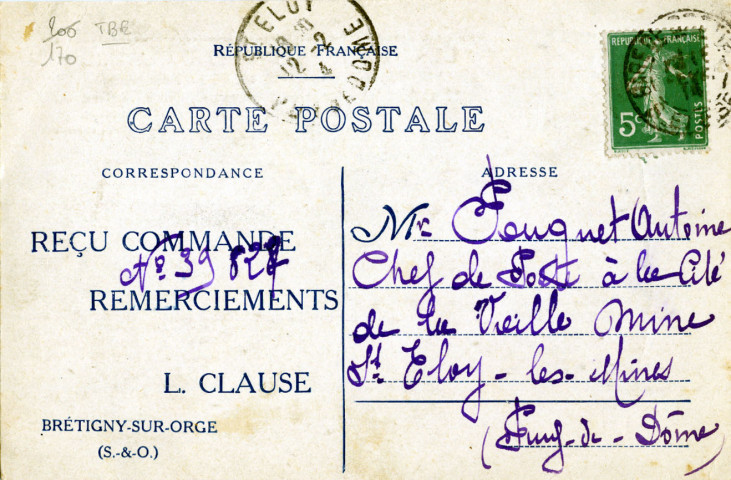 BRETIGNY-SUR-ORGE. - Graines d'Elite Clause. 1924, timbre à 10 centimes. 