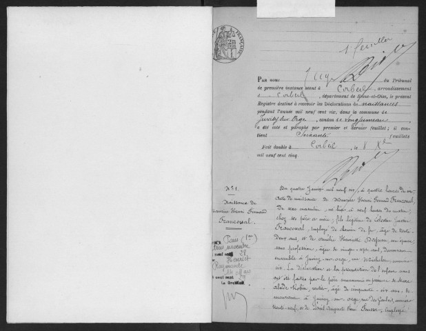 JUVISY-SUR-ORGE. - Naissances : registre d'état civil. 