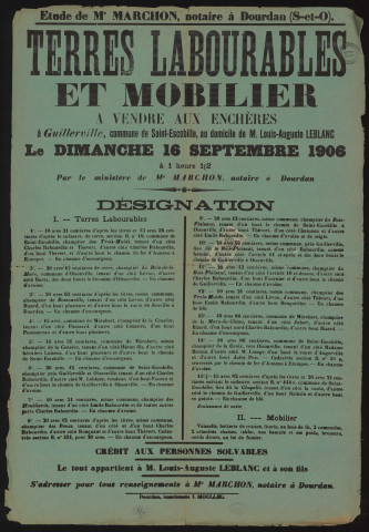SAINT-ESCOBILLE.- Vente aux enchères de terres labourables et de mobilier, appartenant à M. Louis-Auguste LEBLANC, 16 septembre 1906. 