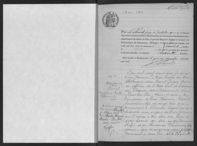 LIMOURS-EN-HUREPOIX. - Naissances, mariages, décès : registre d'état civil. 