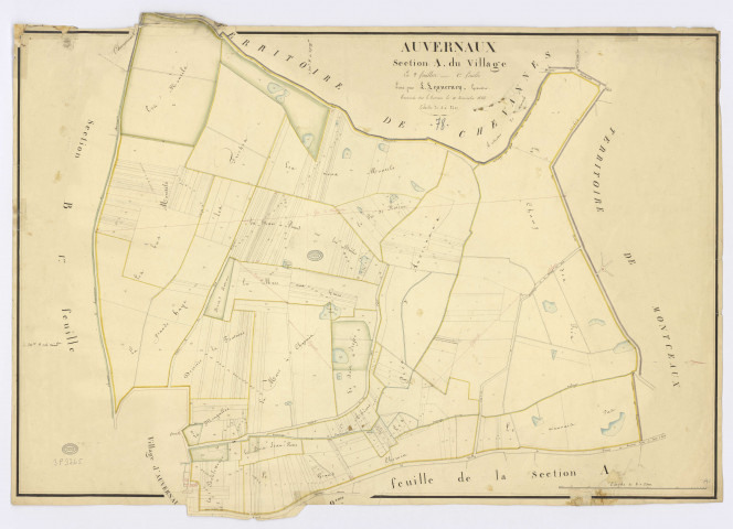 AUVERNAUX. -Section A - Village (le) 1, ech. 1/2500, coul., aquarelle, papier, 70x197 (1823). 