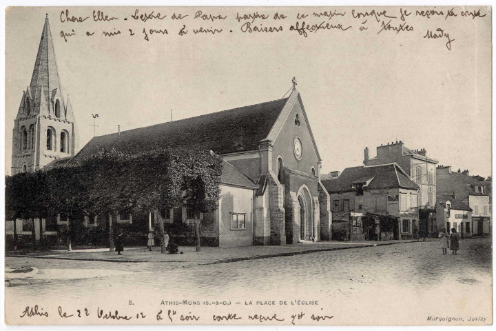 ATHIS-MONS. - La place de l'église, Marquignon, 1902, 3 lignes, 10 c, ad. 
