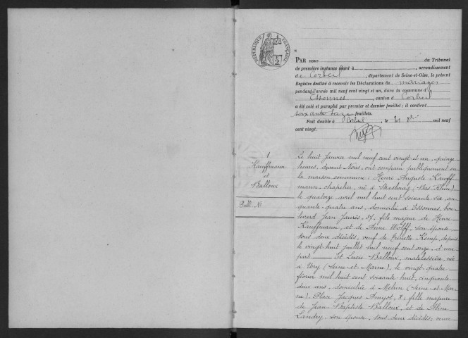 ESSONNES.- Mariages : registre d'état civil. 