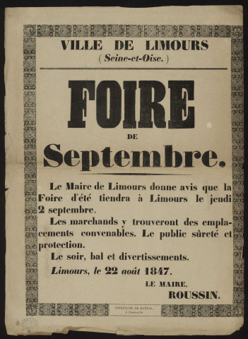 LIMOURS-EN-HUREPOIX. - Foire de septembre, 2 septembre 1847. 