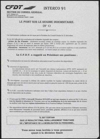 Confédération française et démocratique des travailleurs [CFDT-CG 91]. - Le Point sur les régimes indemnitaires avec la section CFDT - Interco 91 du Conseil Général, [1998]. 