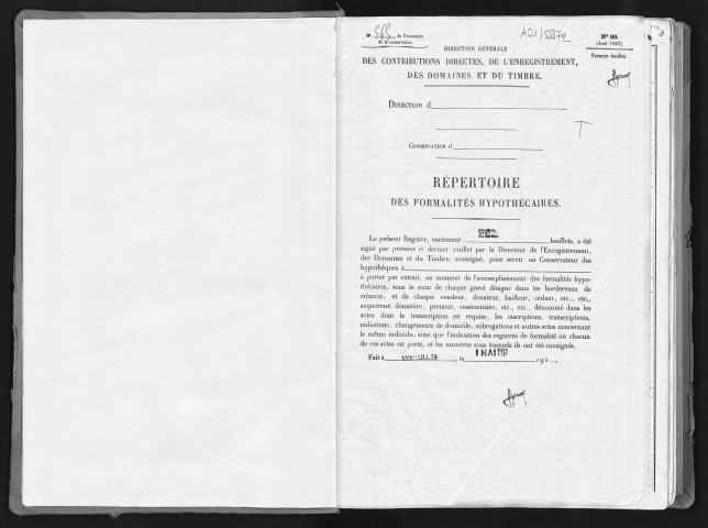 Conservation des hypothèques de CORBEIL. - Répertoire des formalités hypothécaires, volume n° 565 : A-Z (registre ouvert en 1930). 