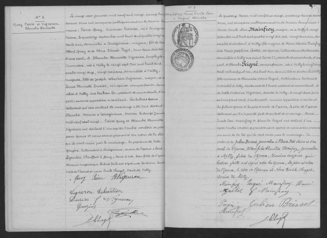 MILLY-LA-FORET. - Mariages : registre d'état civil. 